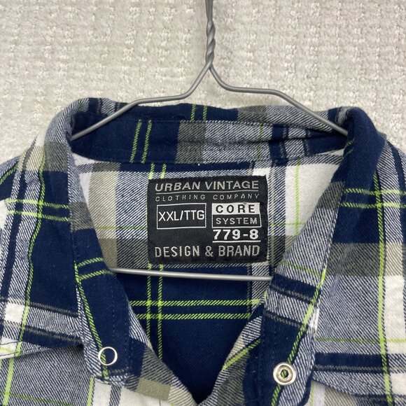 URBAN VINTAGE Snap Button Up Flannel Plaid Shirt Men SZ XXL Neon Green / Blue - Picture 7 of 14